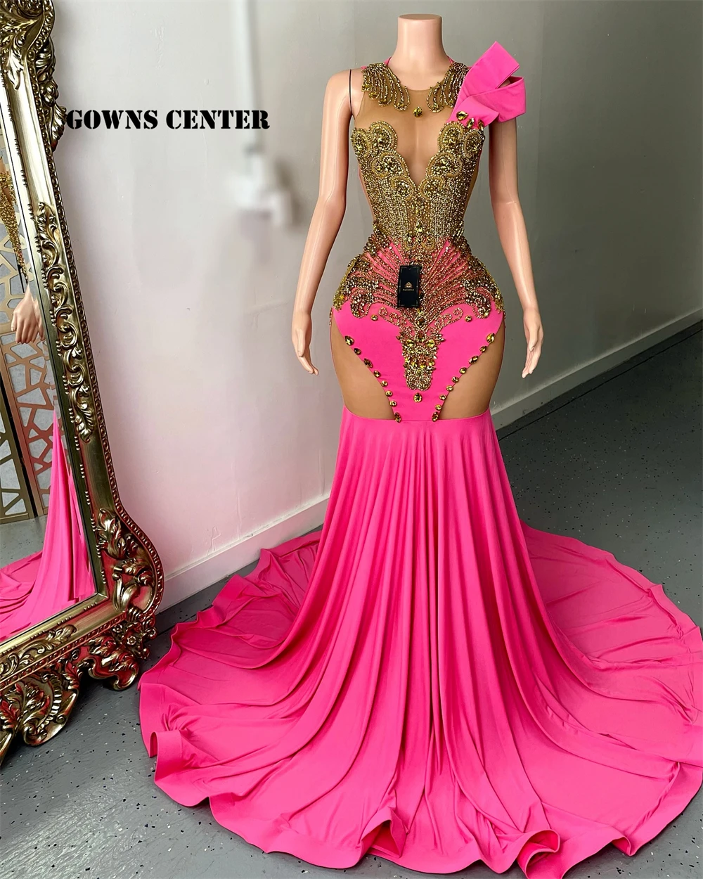 

Hot Pink Mermaid Gold Rhinestones Prom Dress For Blackgirls African Sexy Aso Ebi Vestidos De Gala Mujer Formal Occasion gala