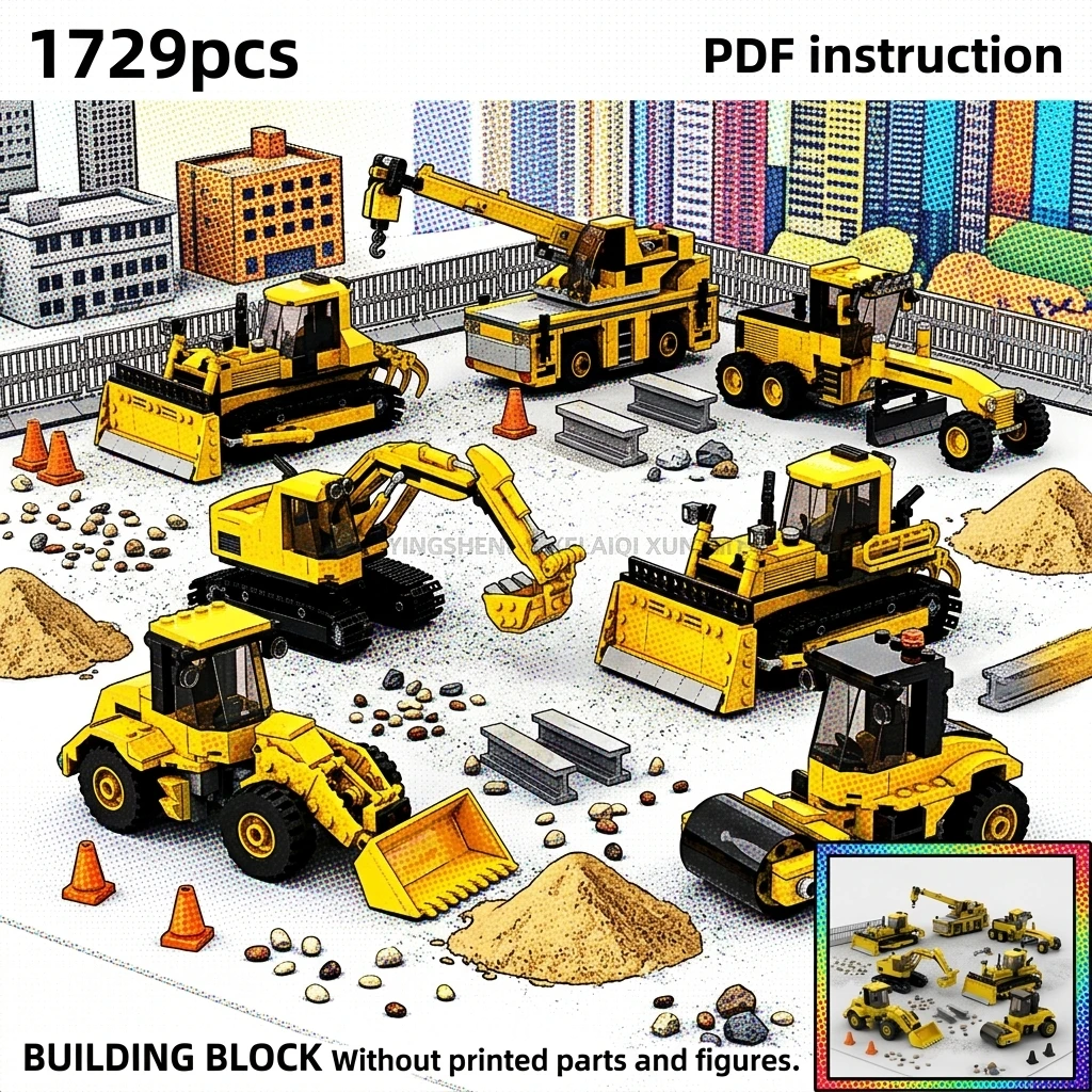 

Diorama Display Adult Brick Set MOC City Construction Vehicle Fleet Building Blocks Heavy Excavator Crane Bulldozer