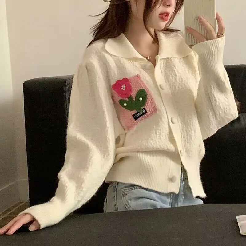 Gentle Turn-down Collar Knitted Cardigan Female Clothing Floral Fashion Beading Spring Autumn Single-breasted Loose Sweaters New