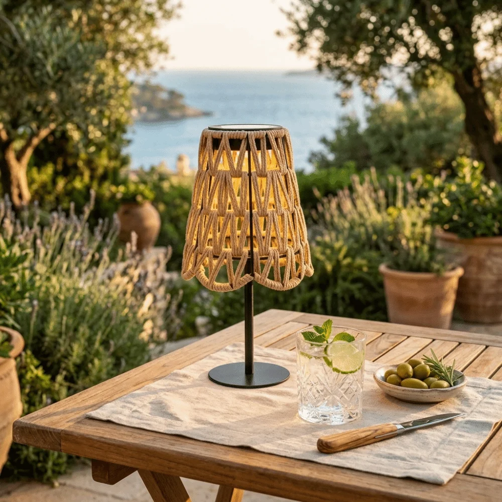 Imitation Rattan Solar Table Lamp Metal Frame Warm Soft Light Outdoor Solar Light Bulb Durable Construction Solar Powered
