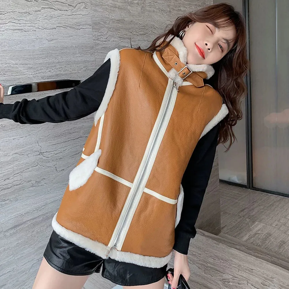 Winter Wool PU Leather Jacket Vest Female Winter Fur Integrated Thick Lamb Korean PU Leather Coat Clothing Fashion Loose