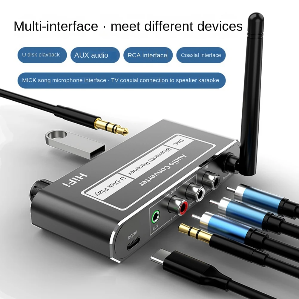 Wireless HIFI Converter Bluetooth 5.2 Receiver Audio Coaxial To R/L 3.5Mm Aux Adapter with U Disk Play Mic