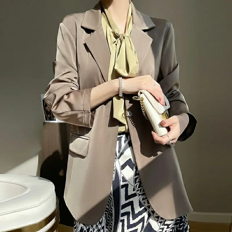

Silk White Suit Jacket for Women Elegant and Casual Thin Black Satin Small Suit Set for Spring and Summer Women's Clothing 2025