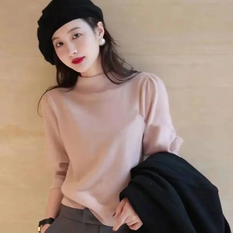 

Новая весенне-осенняя рубашка с длинным воротником и полувысоким воротником с темпераментом и трикотажным топом с рукавами три четверти