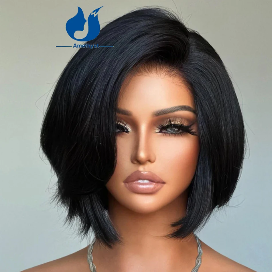 Natural 13x6 Layered Lace Front Bob Human Hair Wig Side Part Short Bob Pixie Cut for Women Remy Brazilian Wave Pre Plucked 8‘’