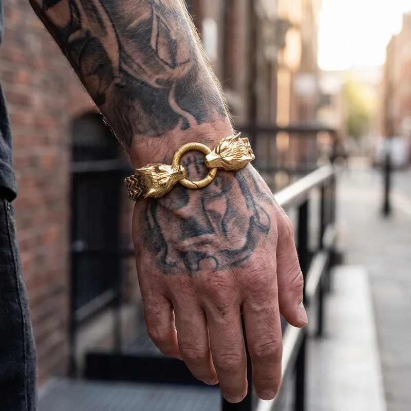 Vintage Stainless Steel Wolf's Link Bracelet, Gothic Punk Biker Wolf Charm Bracelet for Men,Hip Hop Streetwear Accessory Gift
