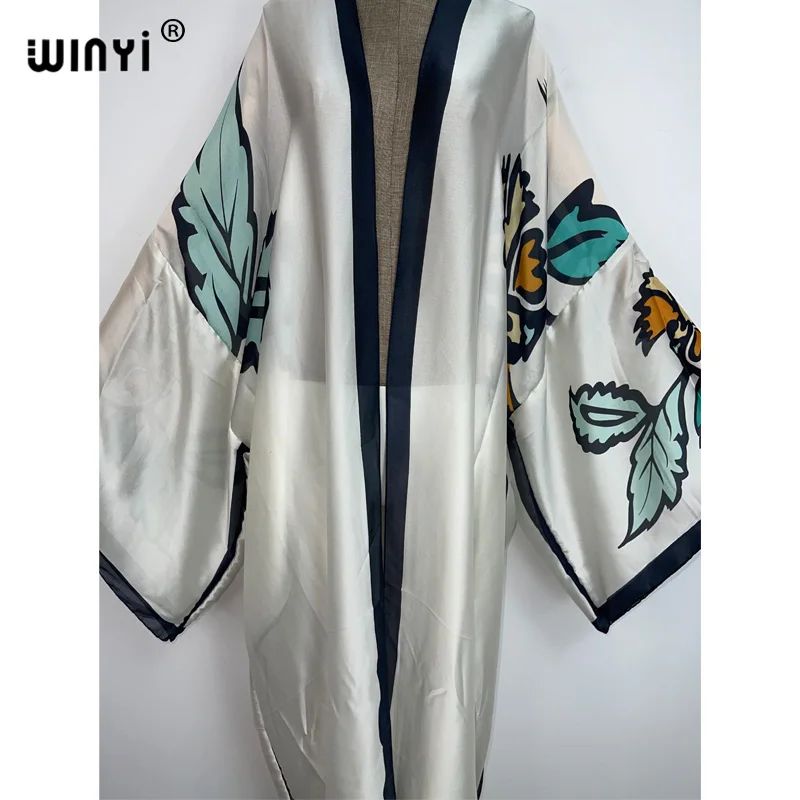 2022 WINYI Summer Beach Wear Swim Suit Cover Up Lady Boho Cardigan White printing elegant sexy Holiday long Sleeve Kimono kaftan