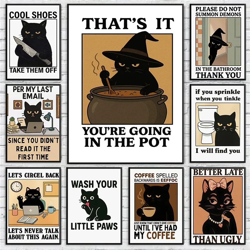 Grumpy Black Cat with Knife Funny Quote Poster Whimsical Witch Cat Canvas Painting Humor Wall Art Kitchen Bathroom Home Decor