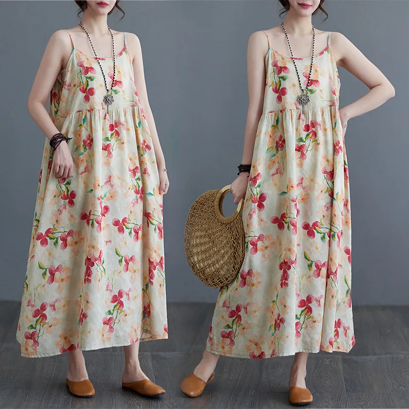 

Simple Country Style Summer New Beach Dress Women's Sleeveless round Neck A-Line Dress Linen Material Midi Length Casual Wear