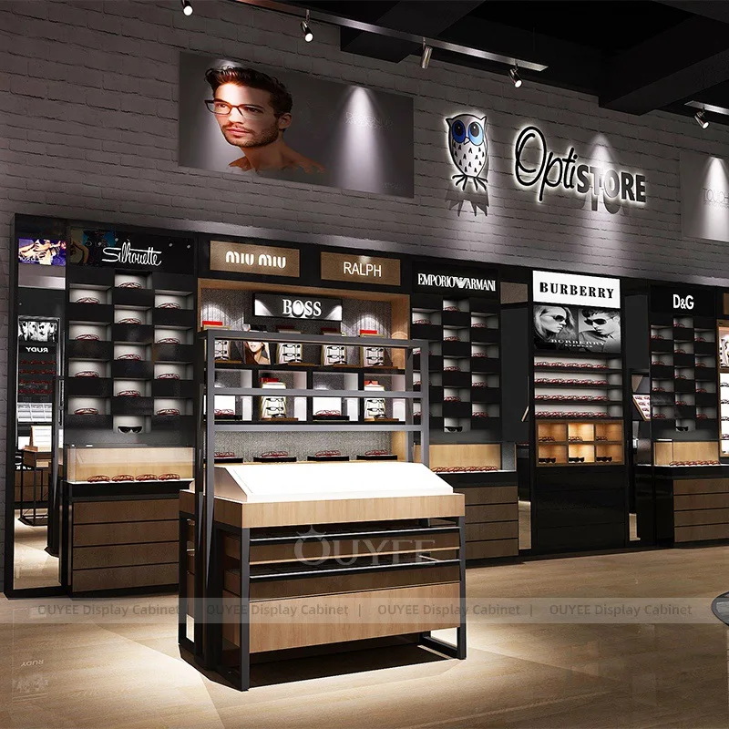 High - End Eyewear Display Cabinet Wooden Metal Structure