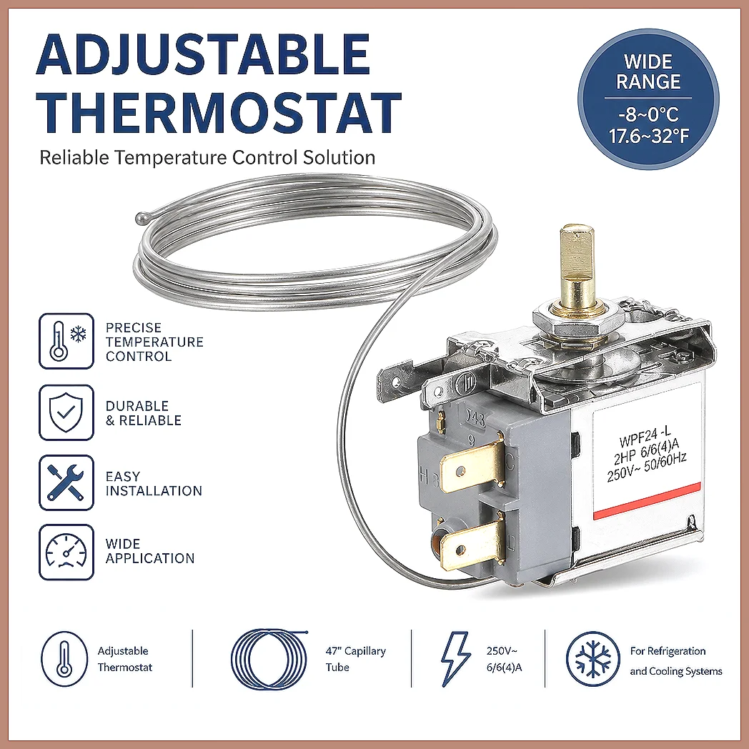 Refrigerator Thermostat Temperature Control WPF24 2 Pin 6A Replacement Part for Freezer Refrigeration Cooling System