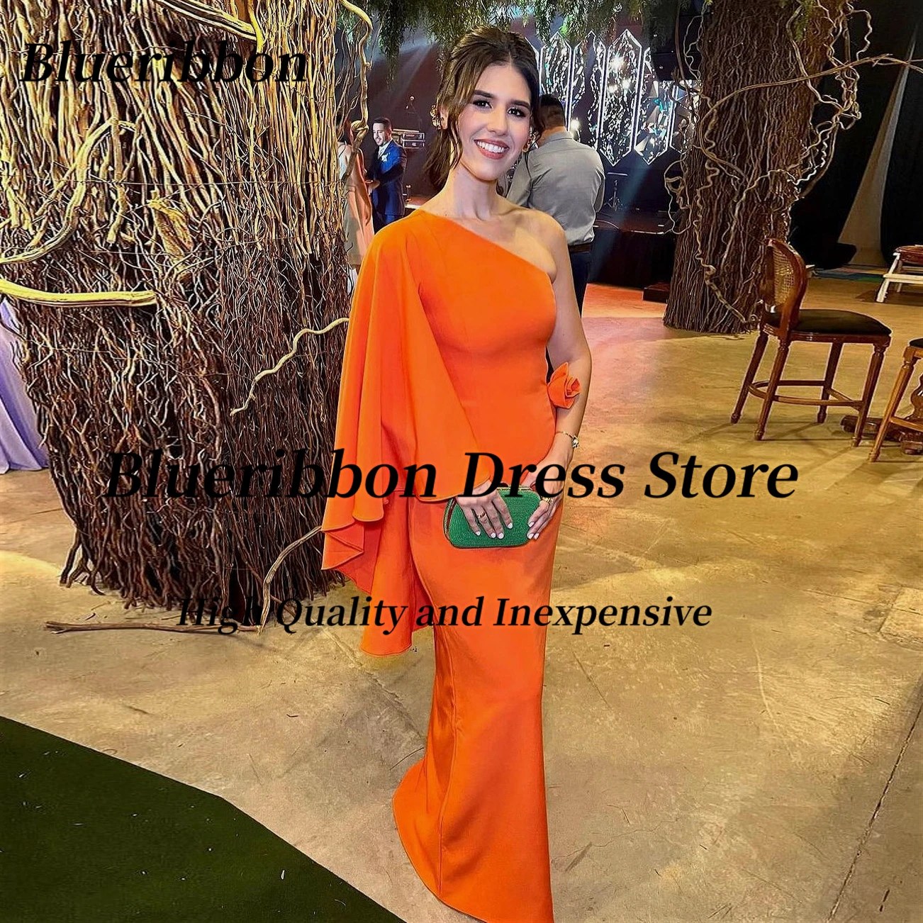 

Blueribbon Orange Mermaid Dresses Ladies Wear for Special Occaion One Shoulder Long Sleeve Prom Dress Zipper Back Evening Gown