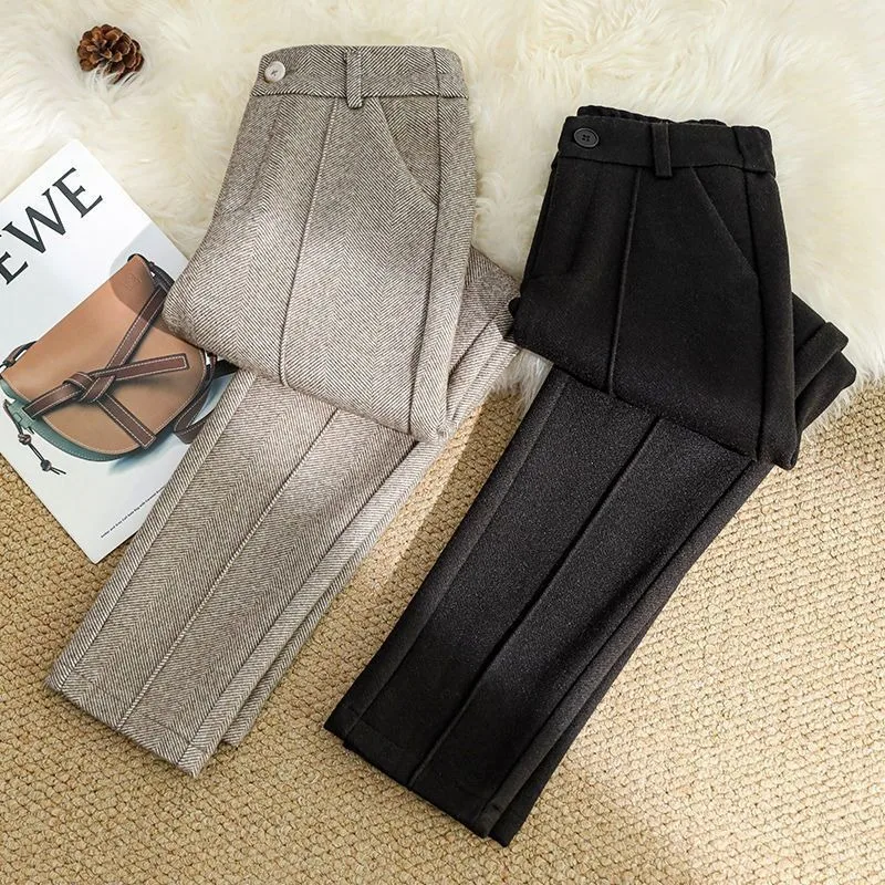 

Herringbone Woolen Plush Pants Children's Winter 2023 New Autumn and Winter Wear High Waist and Thin Warm Casual Women's Pants