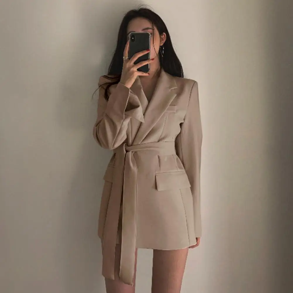 Classic Lapel Suit Coat Elegant Lace-up Lapel Suit Coat with Flap Pockets for Business Outwear Spring Autumn Solid Color