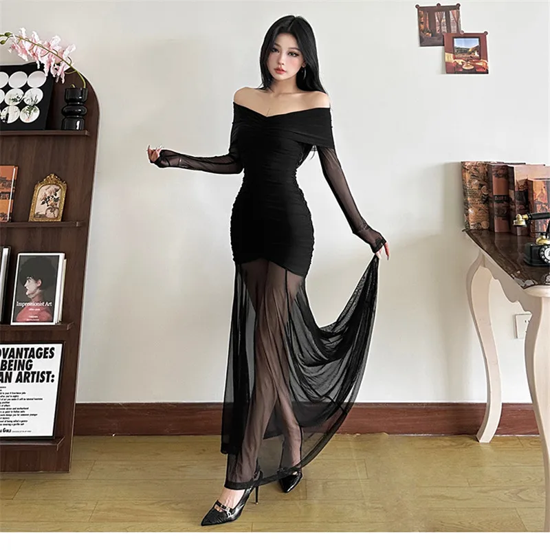 Women Long Sleeve Off Shoulder Red Black Long Dress New Sexy Slash Neck Mesh Patchwork Dress Strapless Sheer Pencil Party Dress