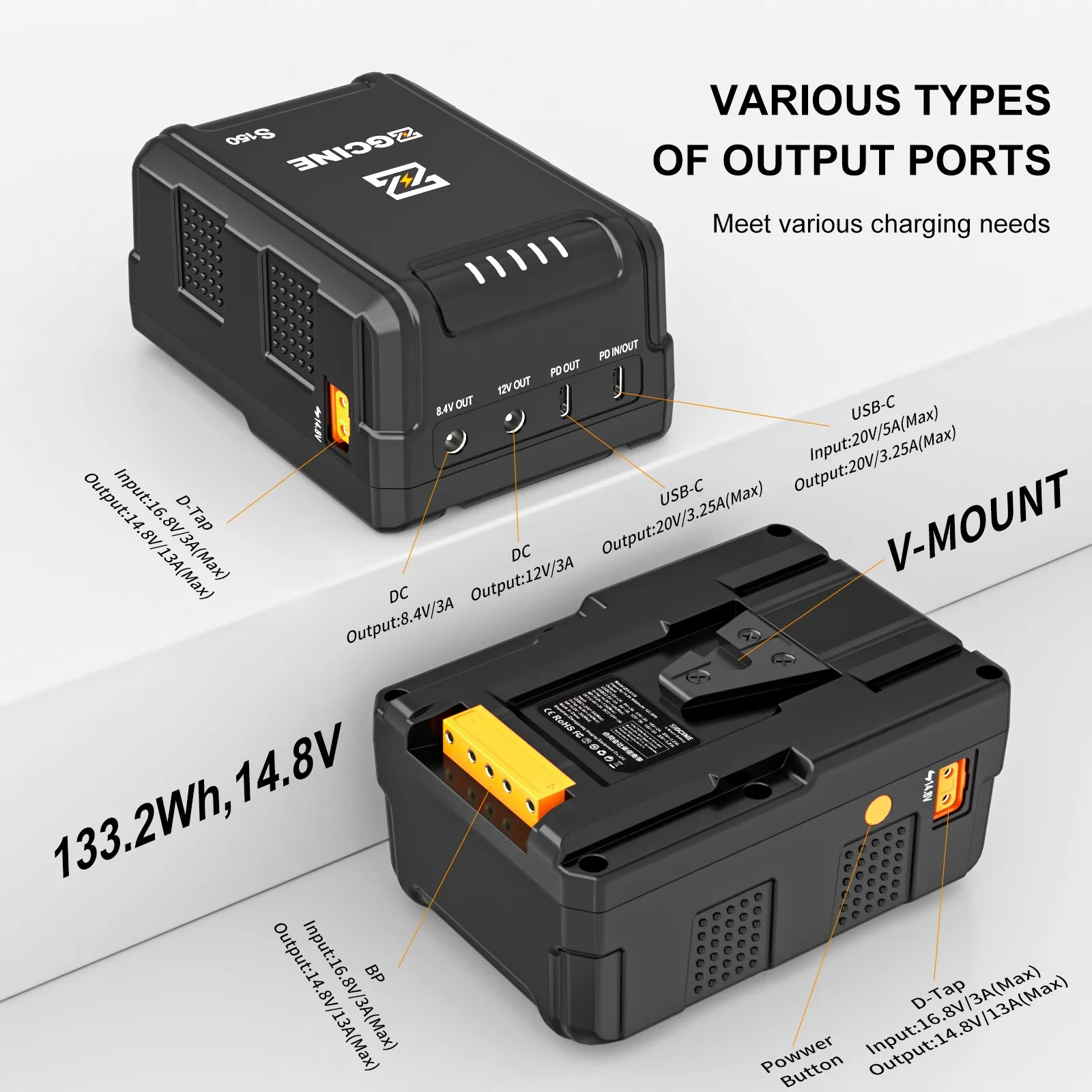 ZGCINE S150 V-Mount Battery 133Wh 14.8V Dual DC/USB-C PD/D-TAP Ports for Camera Camcorder BMPCC 4K 6K Pro Sony FX3 Canon R5C