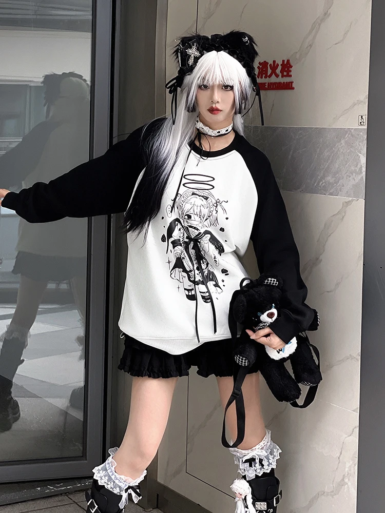 Japanese Subculture Animation Girl Print Shirt Tops Long Sleeve Round Neck Lace-up Bow Loose Casual Versatile Sweatshirts Women