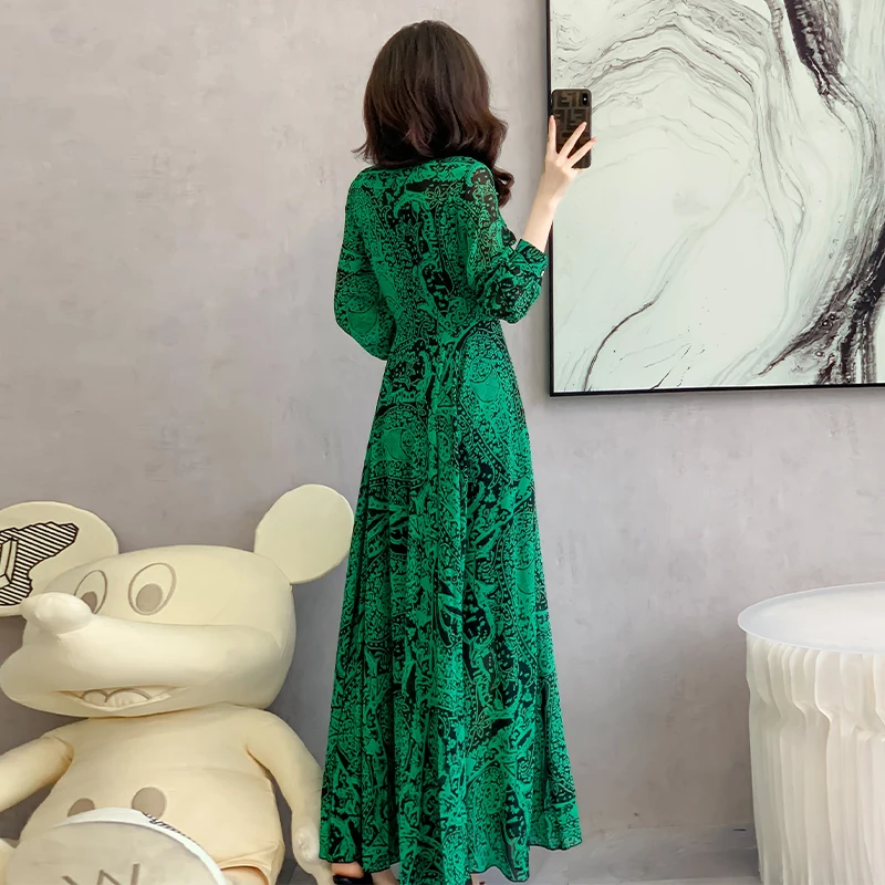 2024 New Women Print Spring Summer Fashion Elgant Vintage Bow Collar Lantern Sleeve Flower Chiffon Beach Boho Holdiay Dresses