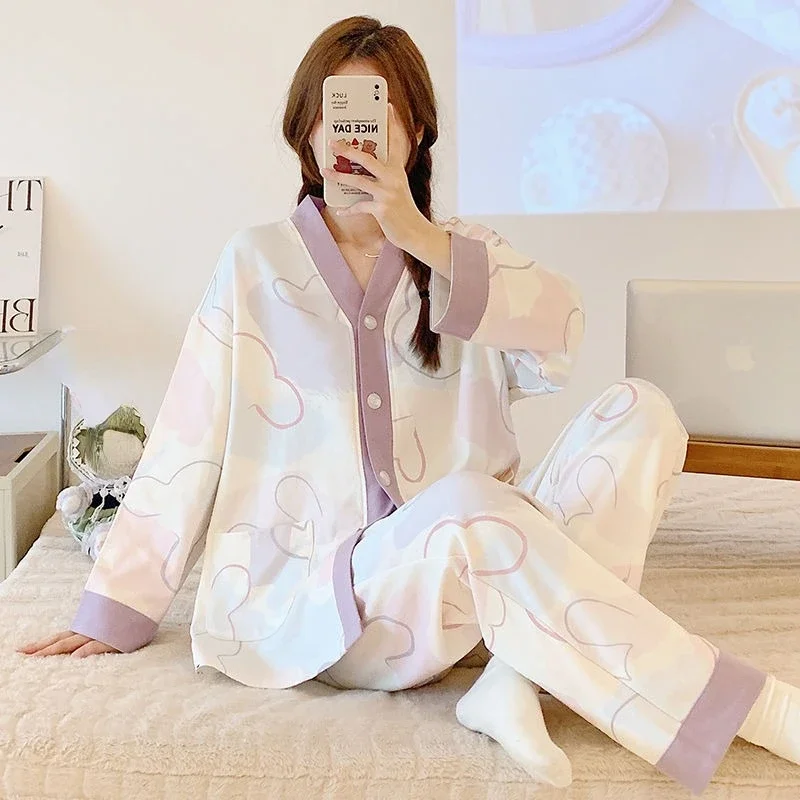 2023 New Pure Cotton Pajama Women Spring Autumn Sweet Loungewear Cute Cardigan Girls Homewear Korean Casual V-neck Sleepwear Set