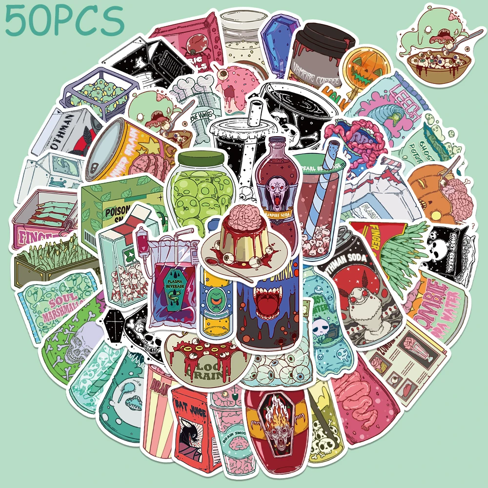 

50pcs Horrible Zombie Food Stickers Decals For Phone Laptop Scrapbook Suitcase Refrigerator DIY Graffiti Waterproof Stickers