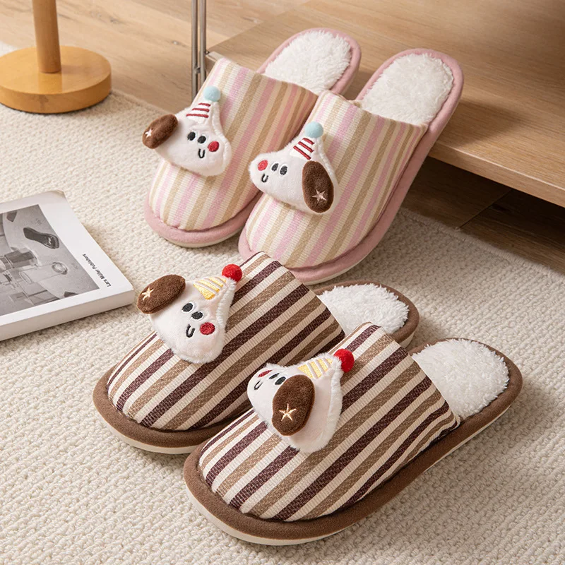 3D Puppy Decor Home Slippers Girls Striped Plush Winter Shoes Women Flats Cotton Soft Fuzzy Fur Slides Unisex Warm Non-Slip New