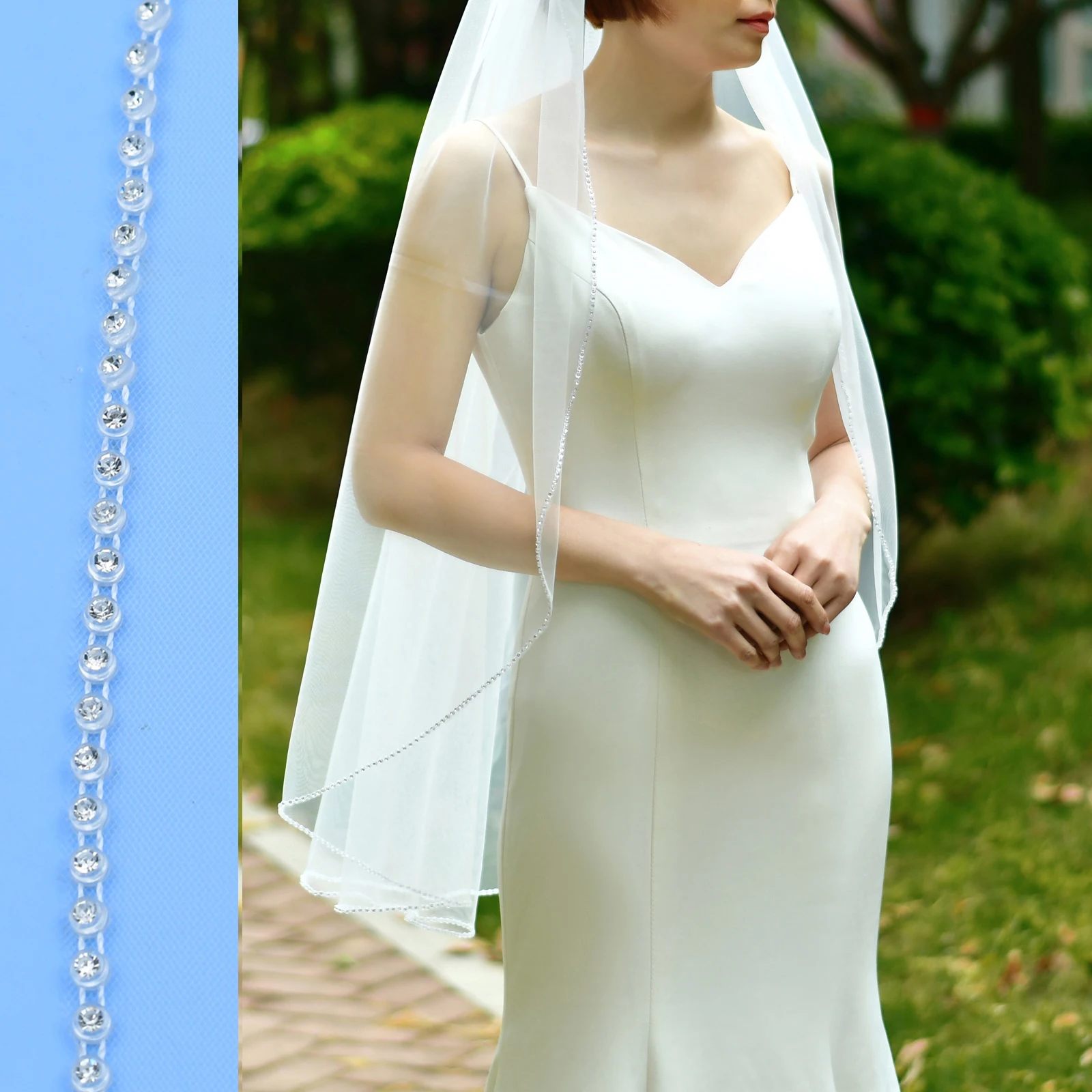 

Women Wedding Veil with Rhinestone Edge Bridal Tulle Veil Cathedral Length1M2M3M Dazzling Crystal Trim Edge Veil For Bride G138