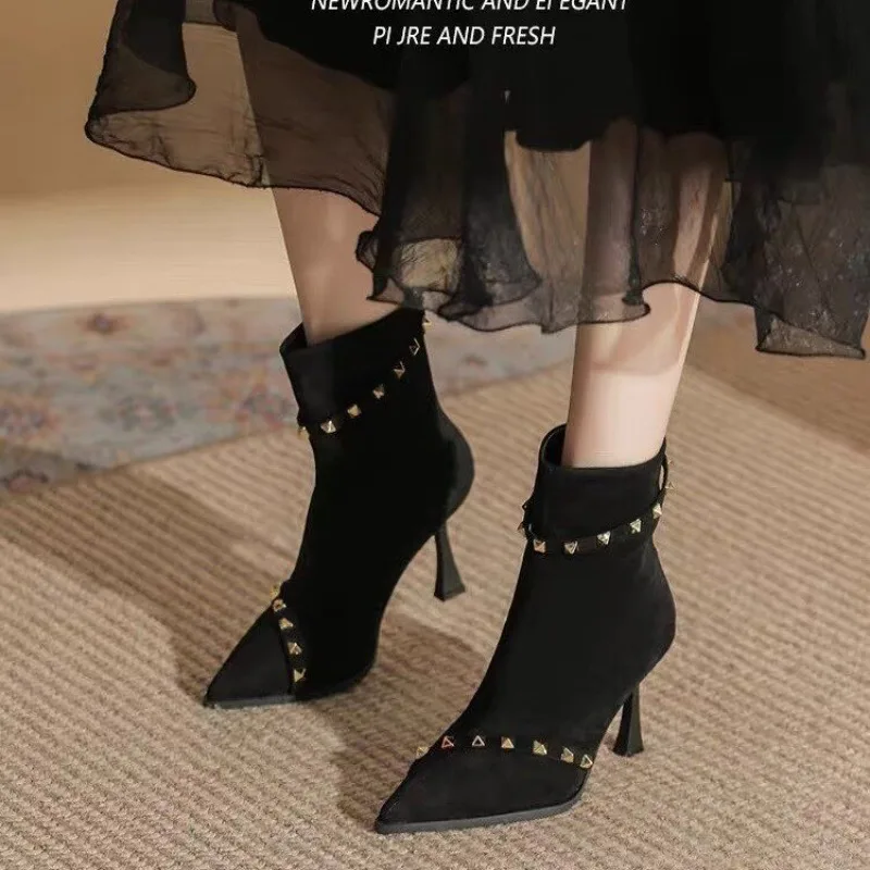 Women Boots Temperament Slim Fit Elastic Boots Pointed High Heels Short Boot Suede Rivet High-heeled Ankle Boots Botas Feminina