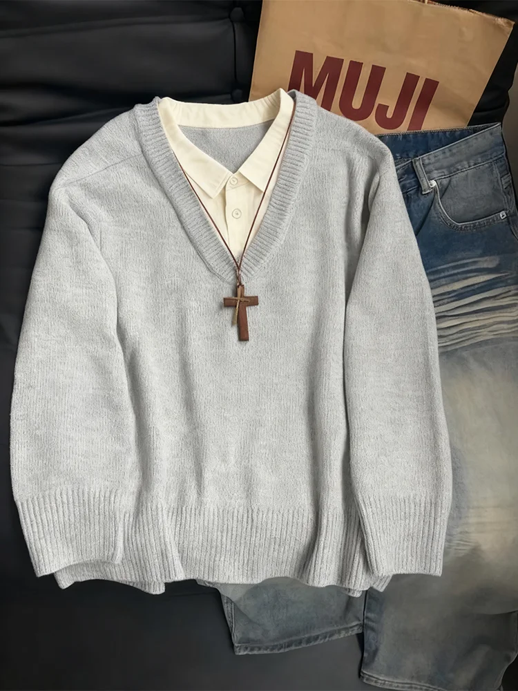 

Мужской вязаный свитер с V-образным вырезом, имитация двухслойности, осенне-зимний, свободный крой, классический, в стиле преппи, Cleanfit трикотаж