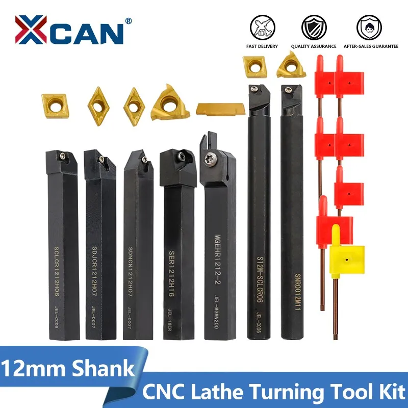 

XCAN 12mm Shank CNC Lathe Machining Cutter 7pcs Carbide Inserts&Spanners External Turning Holder Lathe Boring Bar Kit