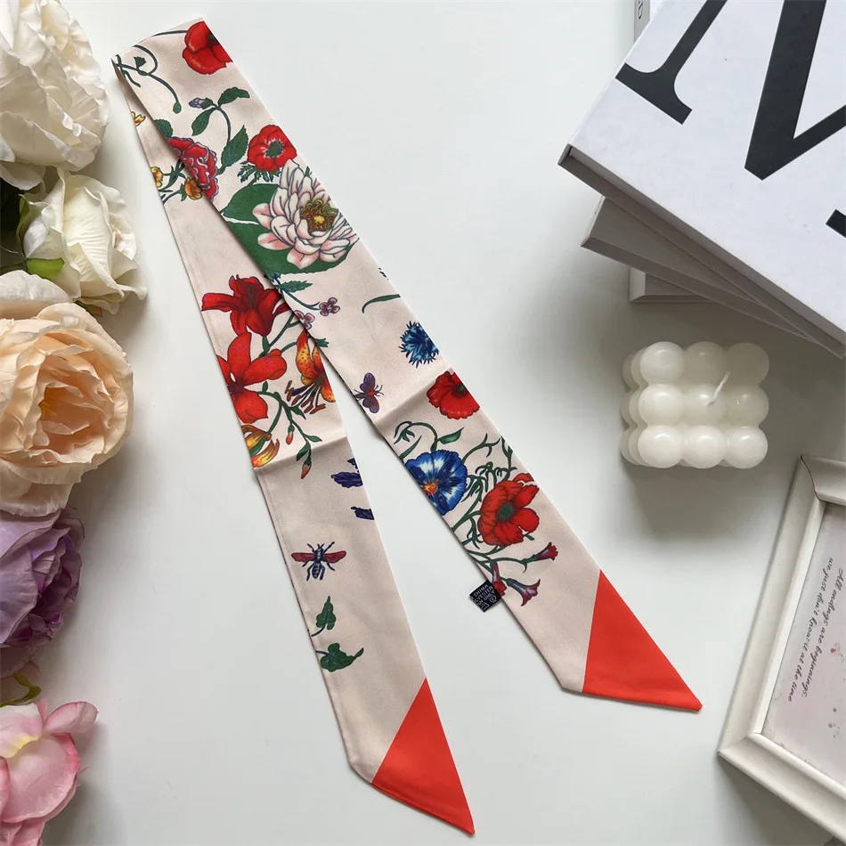 

Женский саржевый шелковый шарф, завязанная сумка, шелковый шарф, повязка на голову с цветком и бабочкой, универсальный сувенирный шелковый шарф с бантом, стример