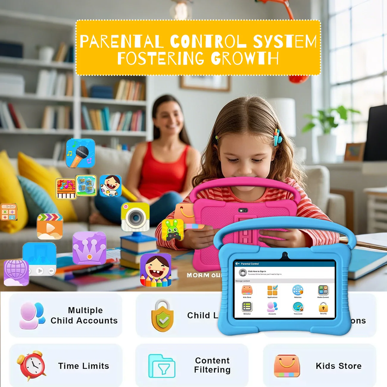 Tablet infantil de 7 polegadas, tablet infantil com controle de pais, câmeras duplas, presentes infantis para o Natal e aniversário. Rosa/Azul