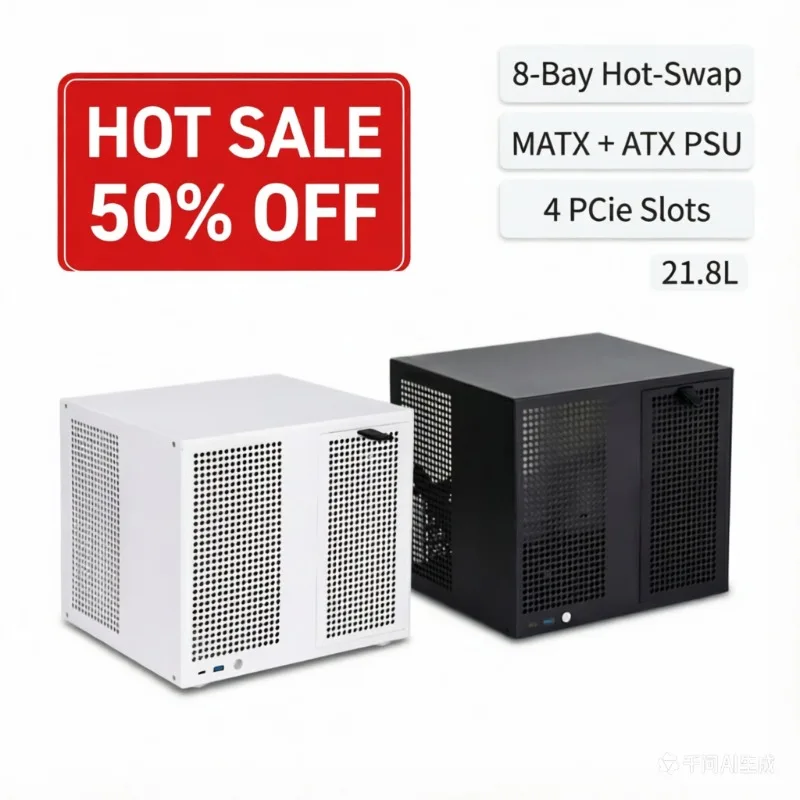 

8-Bay Home Server Chassis - 8x3.5" SATA/SAS + 2x2.5", ATX PSU, MATX MB, Full-Height PCIe X4, 0.8mm Steel