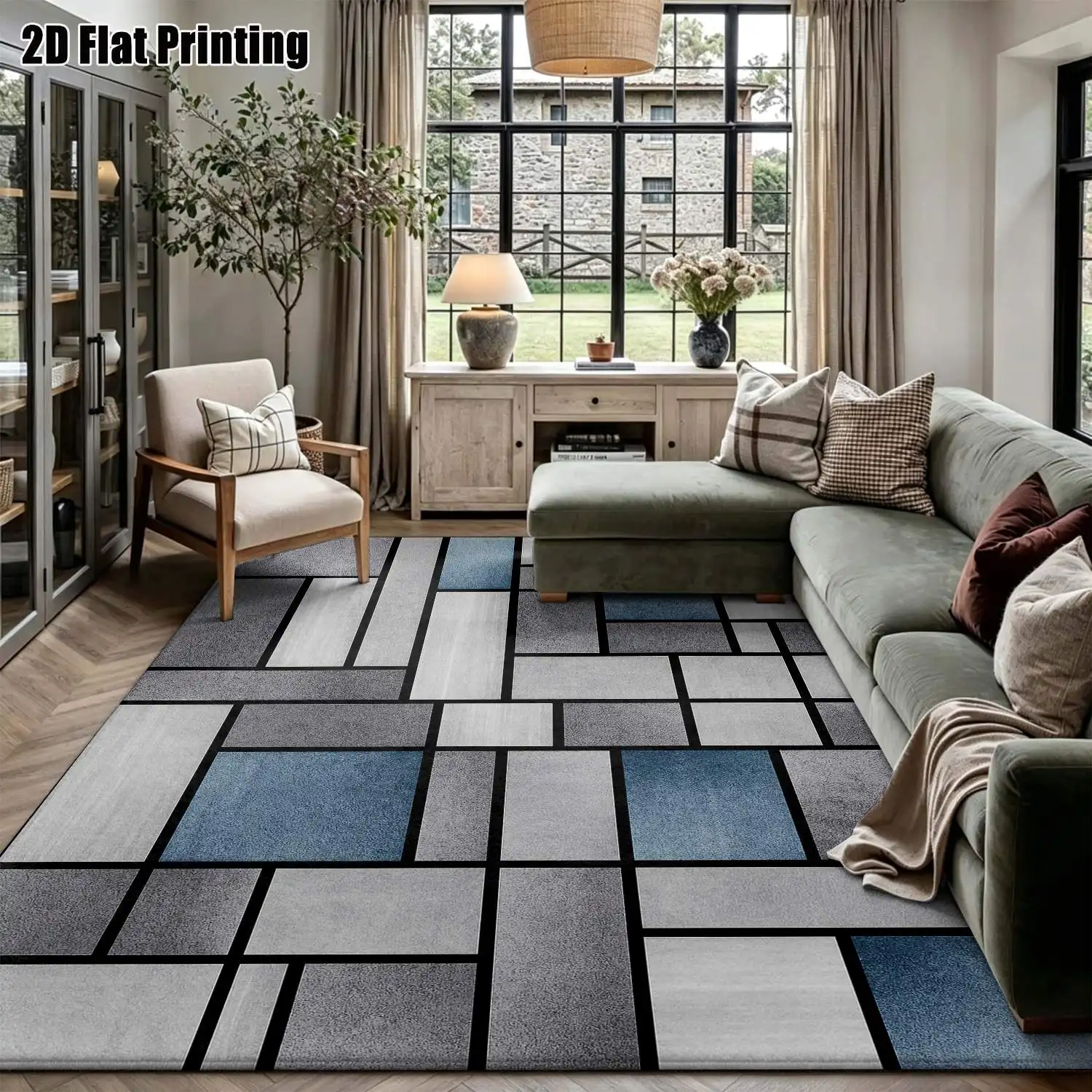 1Pc 2D Printed Blue-Grey Geometric Nordic/Instagram-Style Carpet, Machine-Washable, Multi-Size, Suitable for Entrance, Dining Room, Bedroom, Living Room Decoration