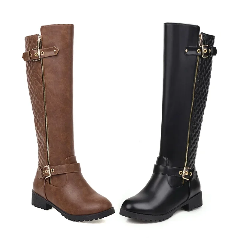 2024 New Antumn Winter Women Long Boots Plus Size 22-27 Cm Grid Splicing Side Zip Fashion Knee High Boots Women Modern Boots