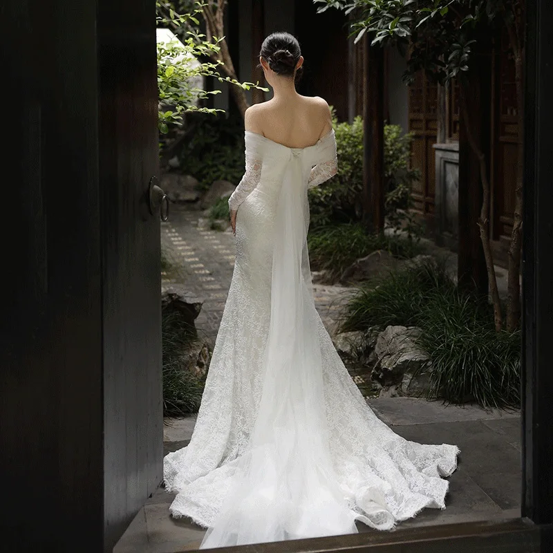 Gaun Pengantin Mermaid Putih Tanpa Bahu Lengan Panjang Berbahan Renda untuk Wanita, Gaun Pengantin Model Court Train yang Dapat Disesuaikan, Vestidos De Novia