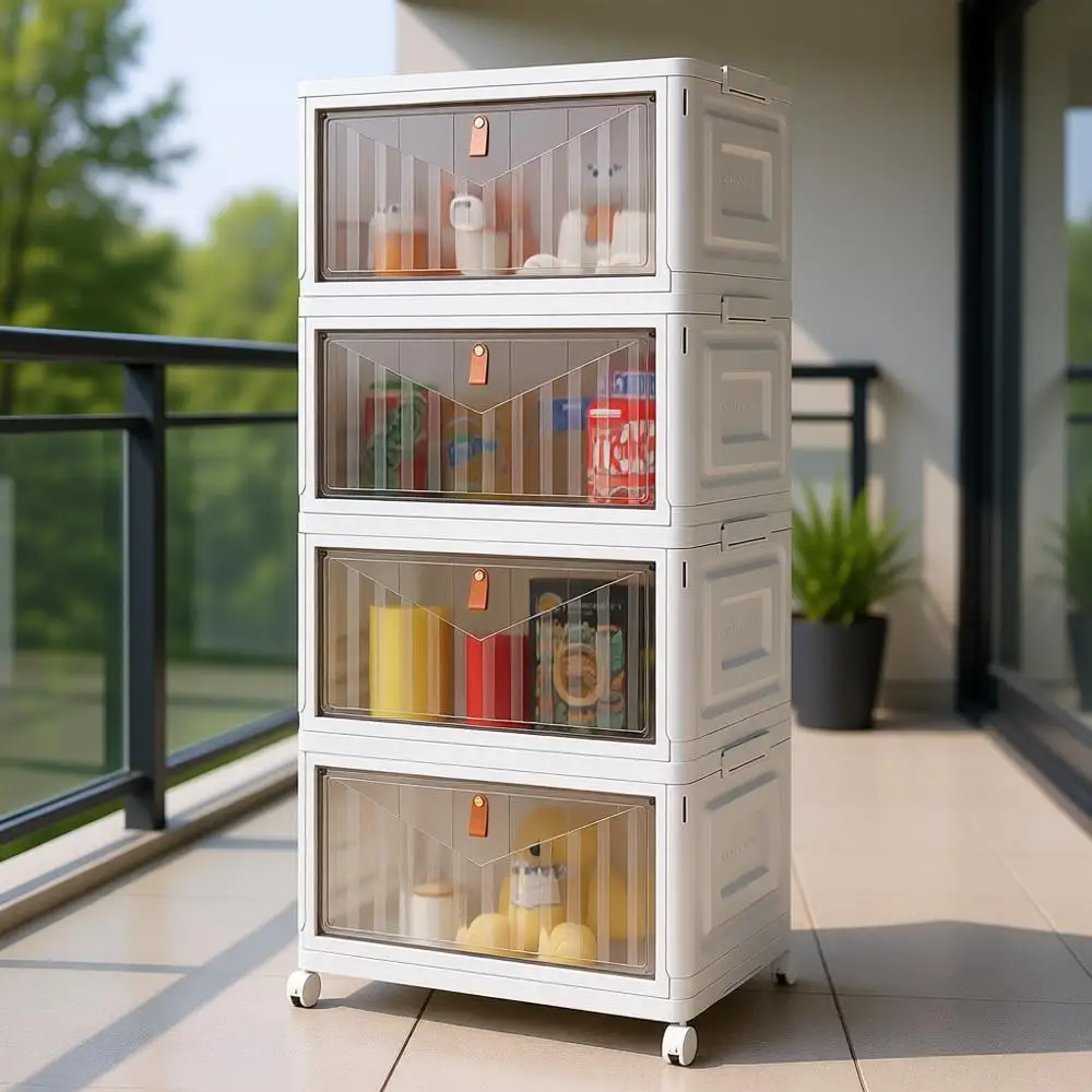 

4 Tier Storage Bins with Lids, 23QT Stackable Closet Organizers and Storage with Wheels, Collapsible Storage Boxes, Plastic Stor