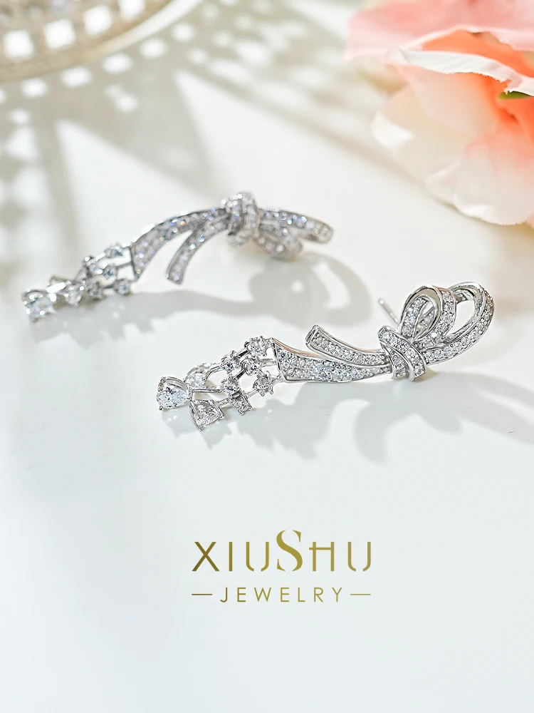 New bow earrings 925 sterling silver inlaid with high carbon diamond light luxury earrings, versatile and niche wedding jewelry