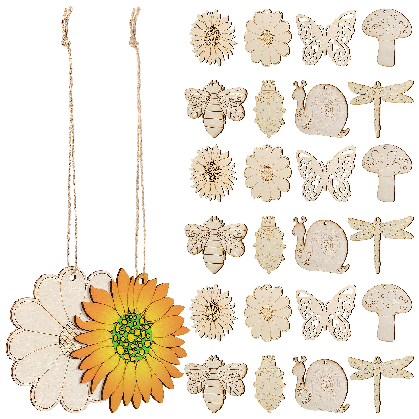 

40 Pcs Flowers Insects Wooden Pendants Blank Slices Unfinished Crafts Cutouts 5 Snails Butterflies Mushrooms Bees