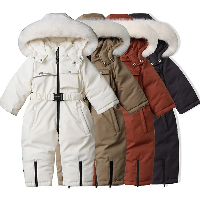 2024 New Girl Windproof Winter Solid One Piece Suits Hooded Zipper Long Sleeve Children Ski Sets Polyester Casual Outdoor Suits