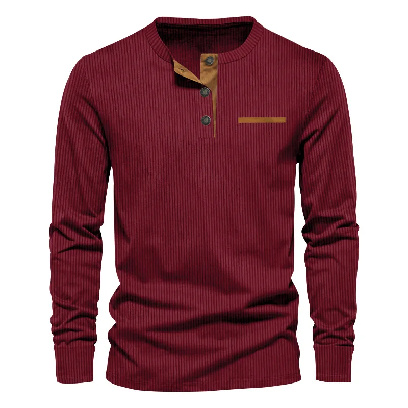 New Men\'s Long Sleeve T-shirt Spring And Autumn Comfortable Corduroy Fake Pocket Daily Casual Henry Shirt Fashion Men\'s Clothing