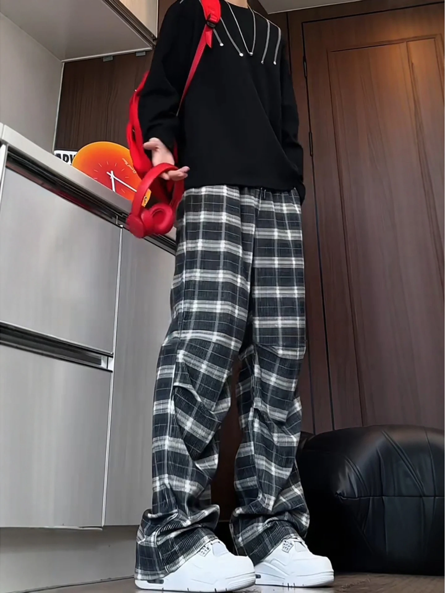 

Men's Corduroy Plaid Pants Autumn Folded Design id Board Straight Leg Casual Long Trousers Retro American Sle