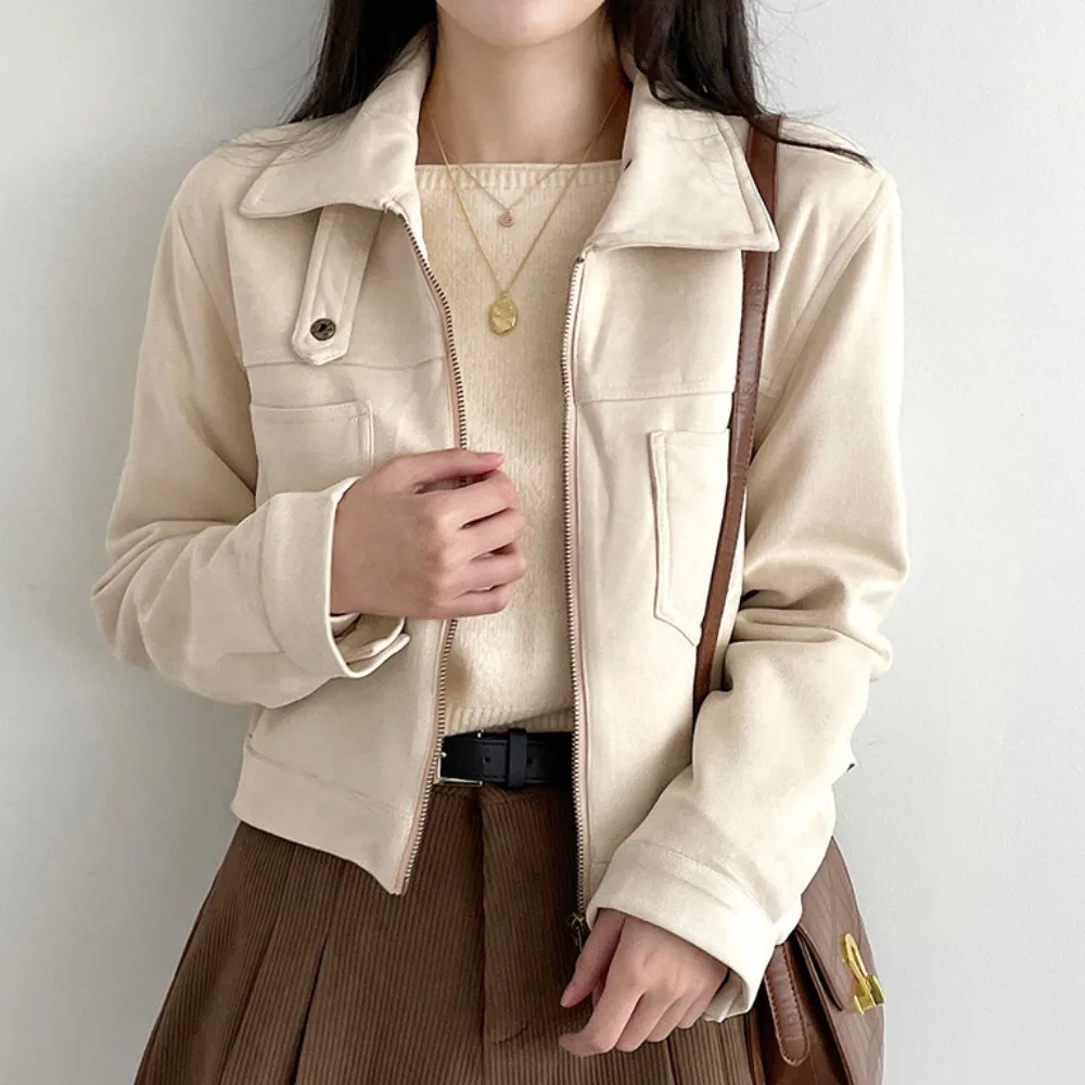 

Autumn Korean Vintage Design Suede Coat Women's Turtleneck Long-sleeve Double-pocket Chic Coat Casual Sports Jacket Office Lady
