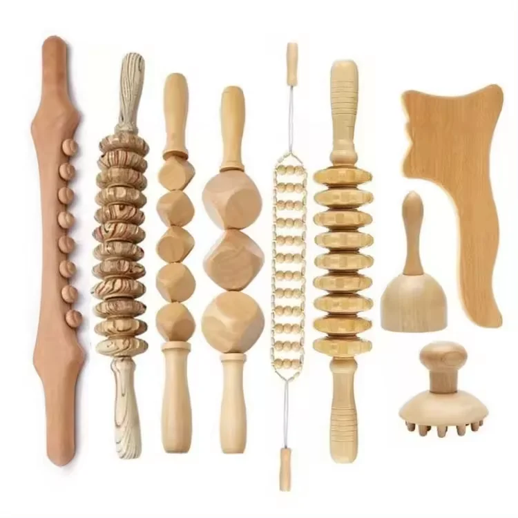 

9 in 1 Wood Therapy Kit Wooden Massager Roller Gua Sha Roller for Muscle Pain Relief Body Sculpting Tools