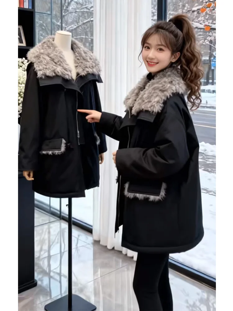 

Thiened Cotton Jaet Women's Winter New Sle Workwear Coat Large Fur Collar Korean Version Loose Fit Long Sve Zipper