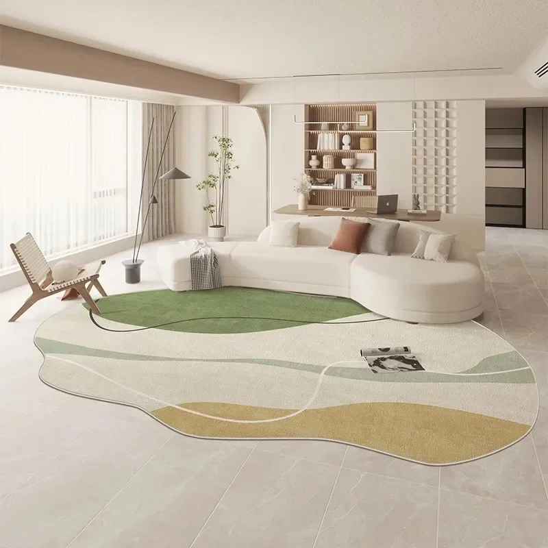 VIKAMA Wavy Edge Abstract Floor Rug, Minimalist Green Beige Irregular Print Carpet for Indoor Home Decoration