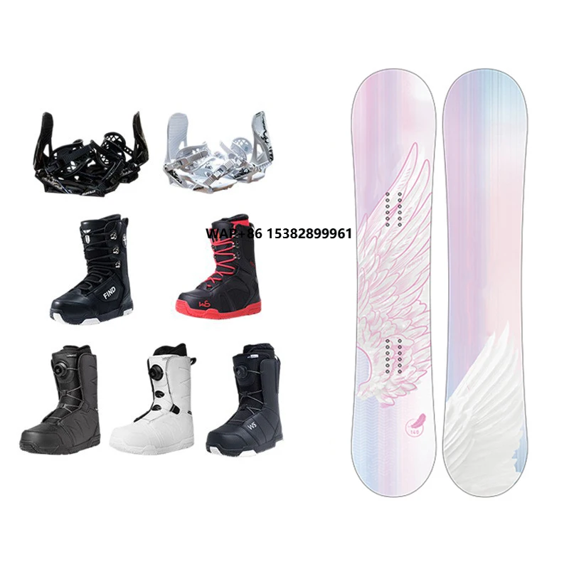 

Wholesale Fiberglass Poplar Wood Core Wear Resistant Base Pink Wings All Terrain Suitable With Bindings Boots Ski Board Set