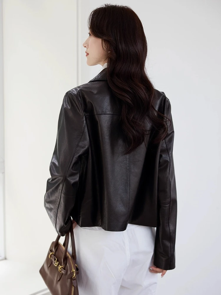 Slim Short Genuine Leather Motorcycle Jacket for Women Spring Autumn 2025 New High-end Simple Oil Wax Real Goatskin Leather Coat