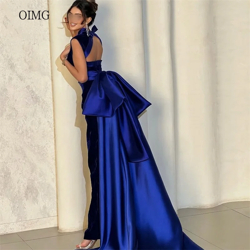 

OIMG Regal Royal Blue High Neck Mermaid Prom Gowns Bow Back Sleeveless Party Gown Floor Length Evening Dress Customized