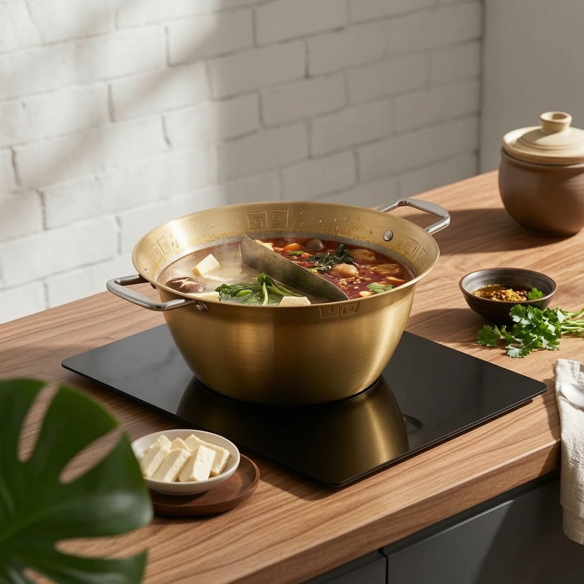 Two-Partcompartment Hot Pot Wide Flared Rim Divided Stainless Steel Hot Pot Commercial Even Heating for Restaurant