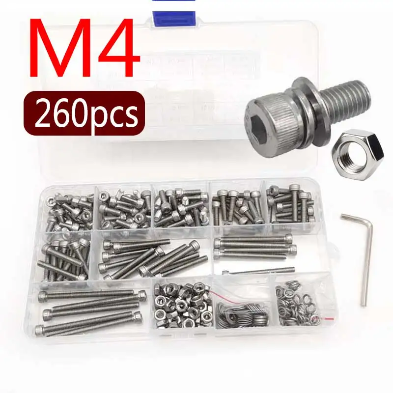 

Hexagon Socket Screw Kit M4*8/10/12/16/20/25/30/40/50mm Stainless Steel Cup Head Hex Socket Screw Bolts Nuts Washers Free Wrench